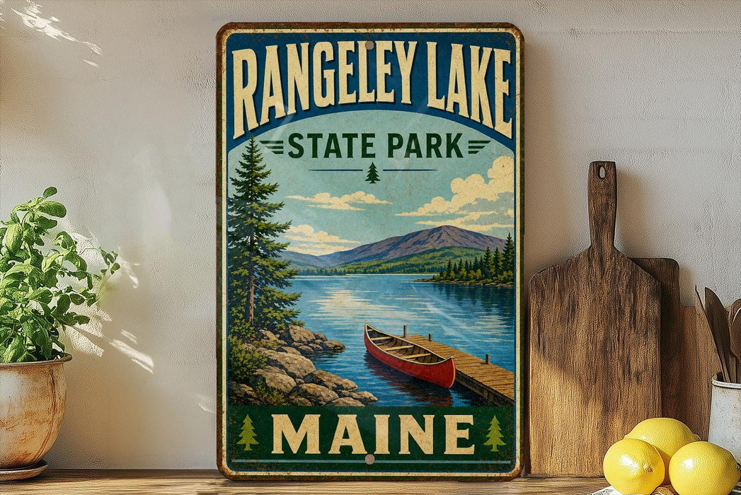 A vintage-style sign for Rangeley Lake State Park in Maine, featuring a scenic image of a lake, mountains, and a canoe.