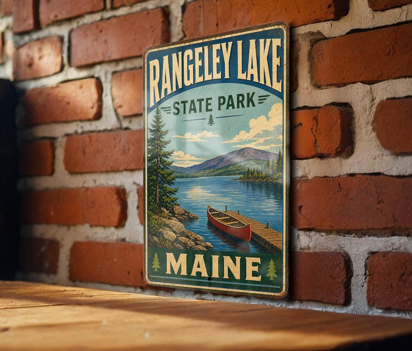 A vintage metal sign for Rangeley Lake State Park in Maine, featuring a scenic illustration of a lake, mountains, and a canoe.