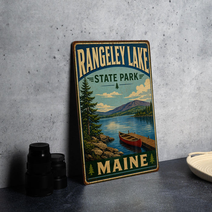 A vintage-style metal sign for Rangeley Lake State Park in Maine, featuring a scenic illustration of a lake, mountains, and a red canoe.