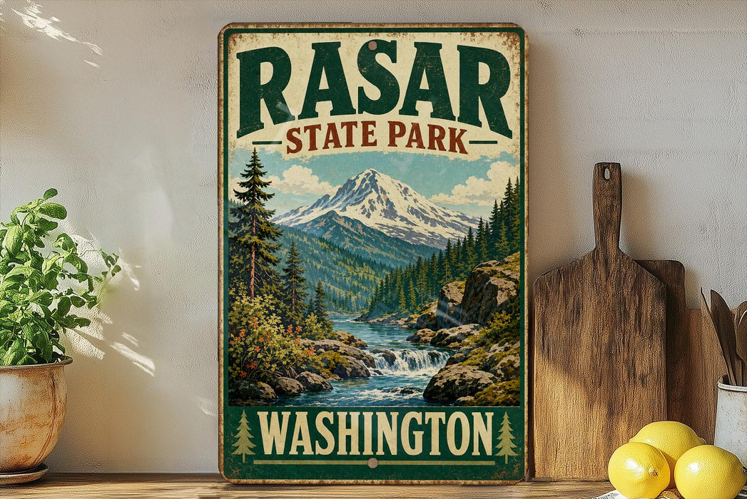A vintage-style sign for "RASAR STATE PARK" in Washington, featuring a scenic mountain landscape with a waterfall.