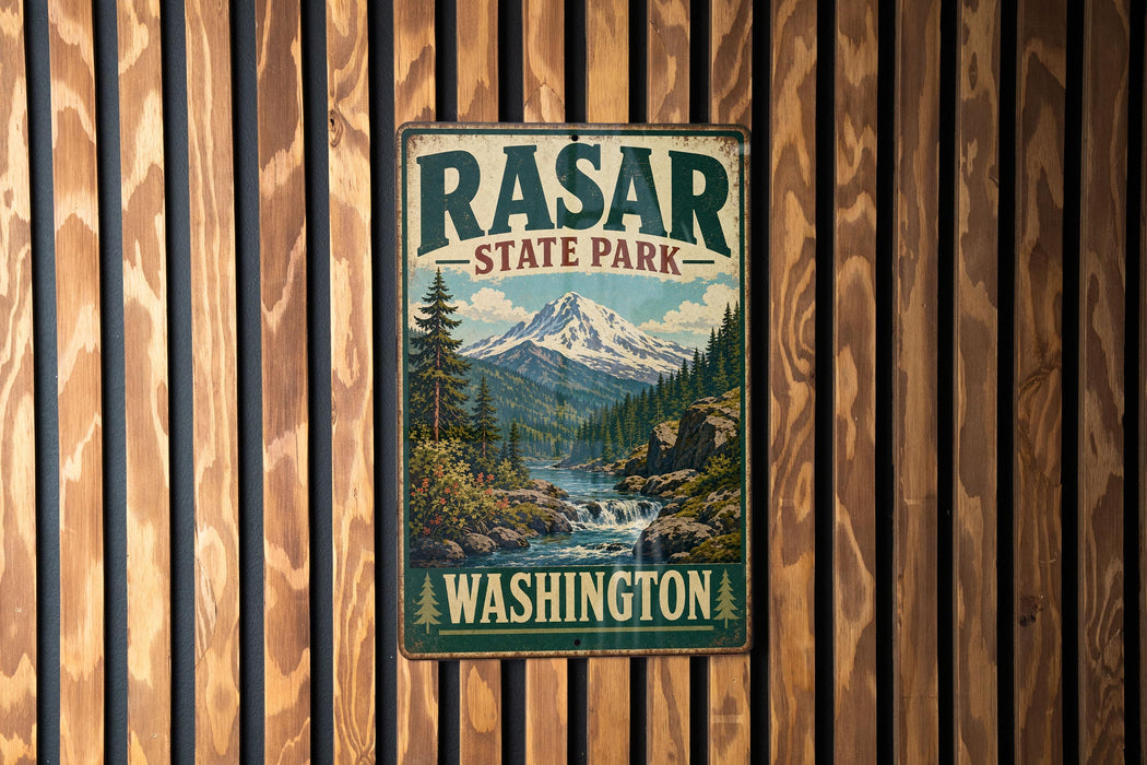 A vintage metal sign for the state park of Washington, featuring a mountain landscape with a waterfall.