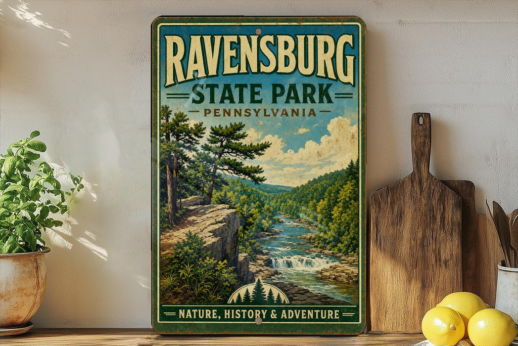 a vintage-style sign for Ravenswood State Park in Pennsylvania, with a scenic illustration of a forest and a river.