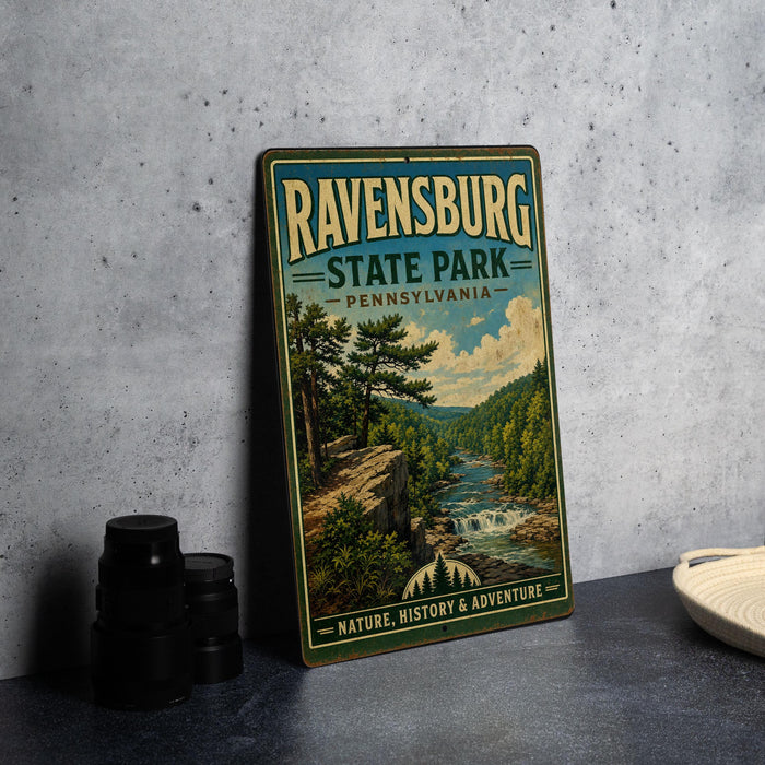 A vintage-style metal sign for Ravenswood State Park in Pennsylvania, featuring a scenic landscape with a river and forest.
