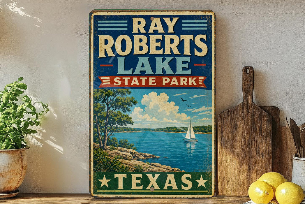A vintage-style sign for Ray Roberts Lake, a state park in Texas, featuring a scenic illustration of a lake, trees, and a sailboat.