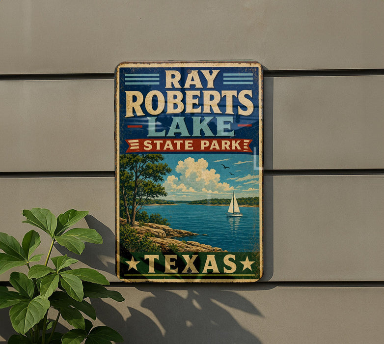 A vintage-style metal sign for Ray Roberts Lake State Park in Texas, featuring a scenic landscape with a sailboat on the lake.