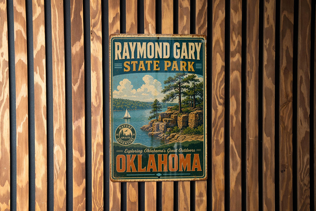 A vintage metal sign for Raymond Gary State Park in Oklahoma, featuring a scenic landscape with a lake and mountains.