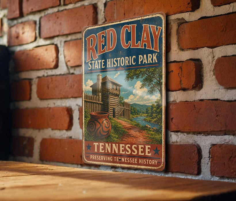A vintage-style metal sign for Red Clay State Historic Park in Tennessee, featuring a brick wall and a wooden bench in the background.