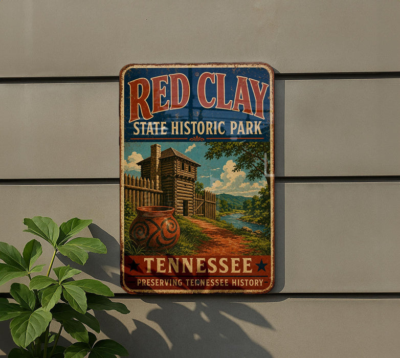 A vintage-style metal sign for Red Clay State Historic Park in Tennessee, featuring a scenic illustration of a historic building and a river.