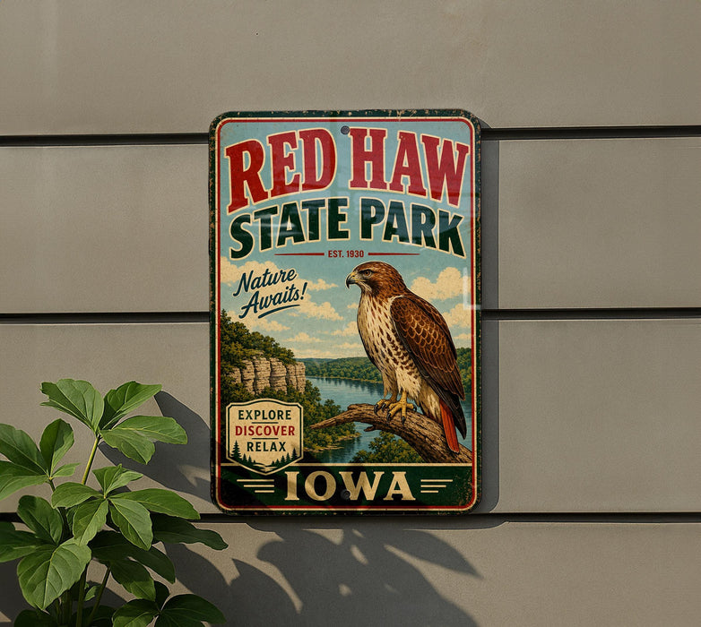 A vintage-style metal sign for Red Haw State Park, featuring a hawk perched on a tree branch and the text "Red Haw State Park" prominently displayed.