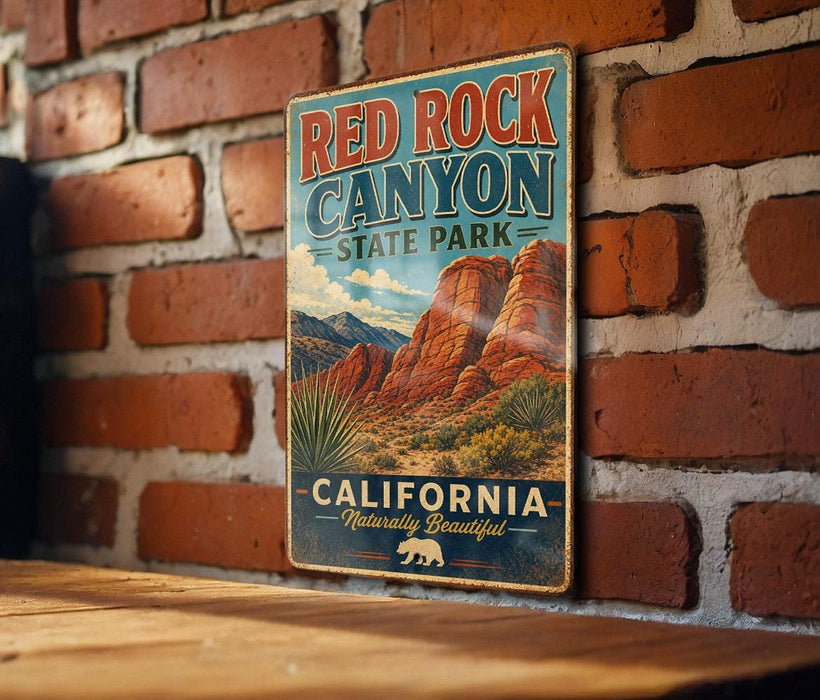 A vintage-style metal sign for Red Rock Canyon State Park in California, featuring a scenic illustration of the canyon landscape.