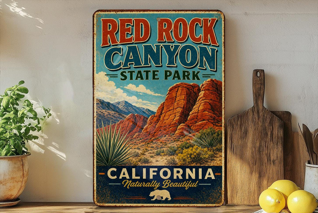 A vintage-style metal sign for Red Rock Canyon State Park in California, featuring a scenic illustration of the canyon landscape.