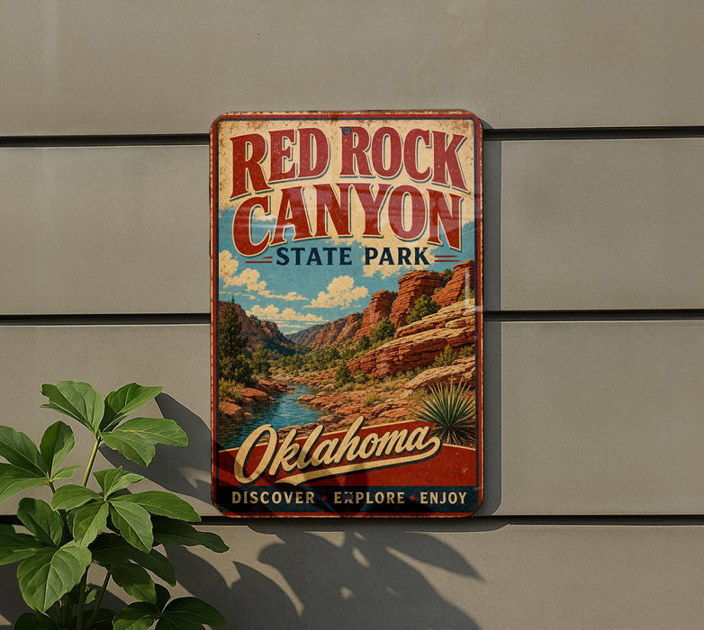 A vintage-style metal sign for Red Rock Canyon State Park in Oklahoma, featuring a scenic illustration of the canyon landscape.