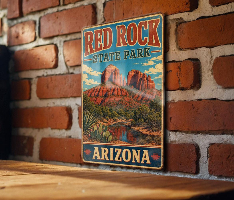 A vintage-style metal sign for Red Rock State Park in Arizona, featuring a scenic illustration of the park's landscape.