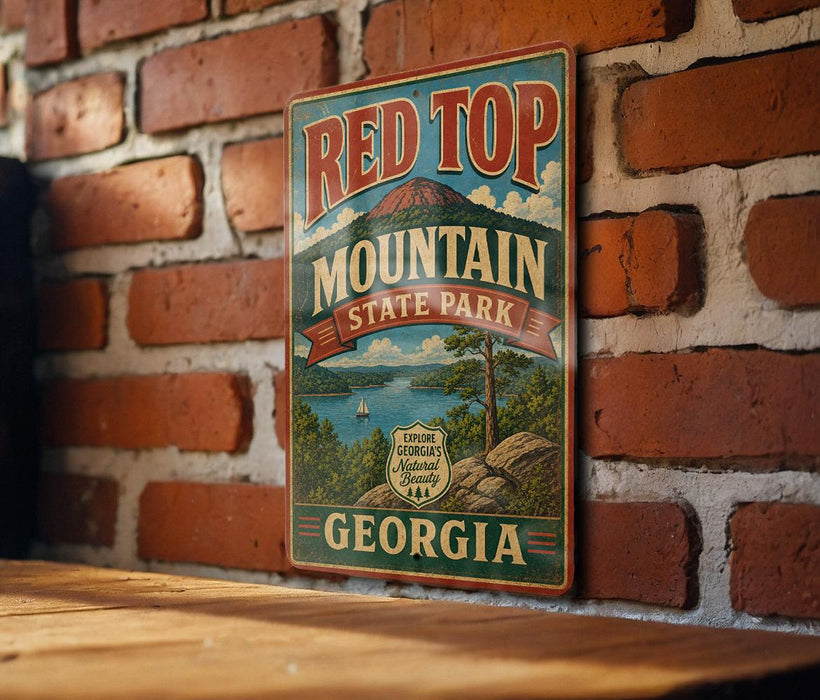 A vintage-style metal sign for Red Top Mountain State Park in Georgia, featuring a scenic landscape with a mountain, lake, and trees.