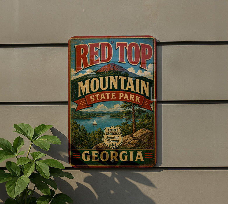 A vintage metal sign for Red Top Mountain State Park in Georgia, featuring a scenic landscape with mountains, water, and a pine tree.