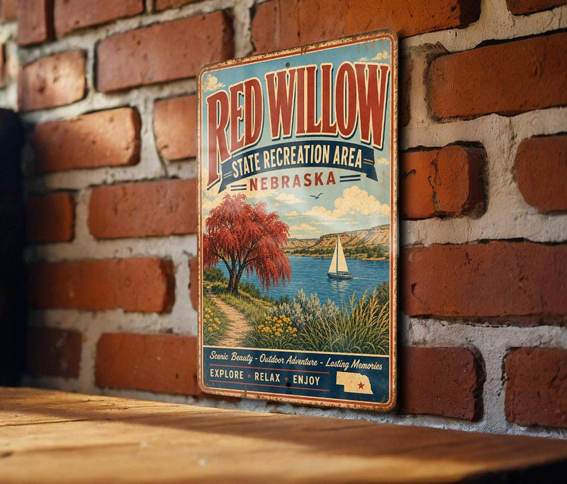 A vintage-style metal sign for the Red Willow State Recreation Area in Nebraska, featuring a scenic landscape with a sailboat on a lake.