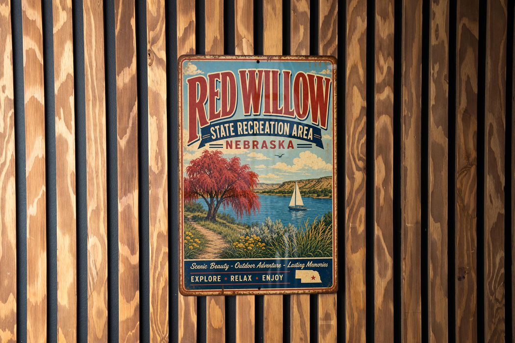 A vintage metal sign for the Red Willow State Recreation Area in Nebraska, featuring a scenic landscape with a sailboat on a lake.