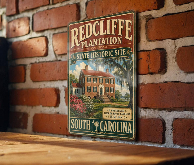 A vintage-style metal sign for the Redcliffe Plantation State Historic Site in South Carolina, featuring a brick wall backdrop and a detailed illustration of the historic building.