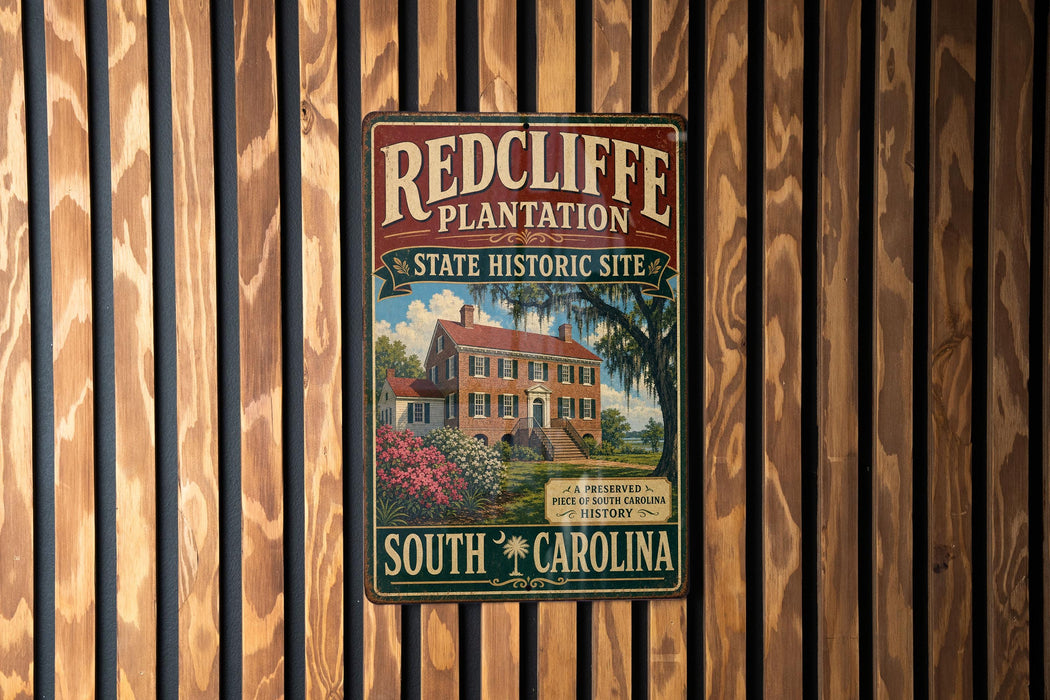 A vintage-style metal sign for Redcliffe Plantation, a historic site in South Carolina, is displayed on a wooden wall.