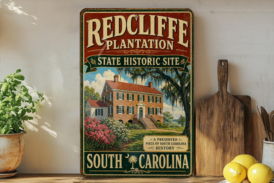 A vintage-style sign for Redcliffe Plantation, a state historic site in South Carolina, featuring a large illustration of a historic house surrounded by lush greenery.