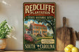 A vintage-style sign for Redcliffe Plantation, a state historic site in South Carolina, featuring a large illustration of a historic house surrounded by lush greenery.