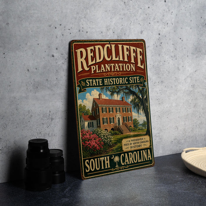 A vintage-style metal sign for the Redcliffe Plantation State Historic Site in South Carolina, featuring an illustration of a historic building surrounded by palm trees.