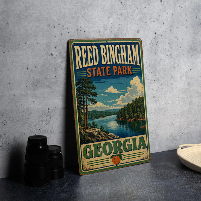 A vintage-style sign for Reed Bingham State Park in Georgia, featuring a scenic landscape with a lake and trees.
