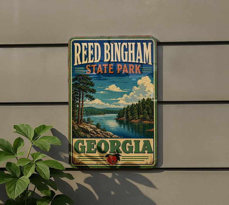 A vintage-style metal sign for Reed Bingham State Park in Georgia, featuring a scenic landscape with a lake and trees.