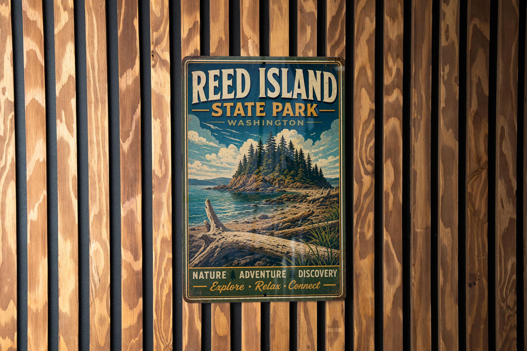 A vintage-style metal sign for Reed Island State Park in Washington, featuring a scenic landscape with a mountain, trees, and a body of water.