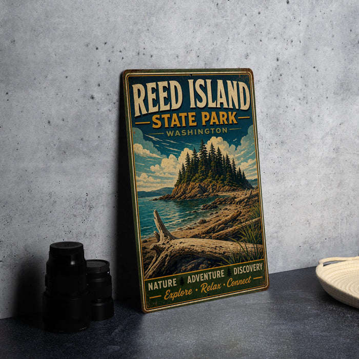 A vintage-style metal sign for Reed Island State Park in Washington, featuring a scenic landscape with a rocky island, trees, and a body of water.