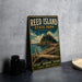 A vintage-style metal sign for Reed Island State Park in Washington, featuring a scenic landscape with a rocky island, trees, and a body of water.