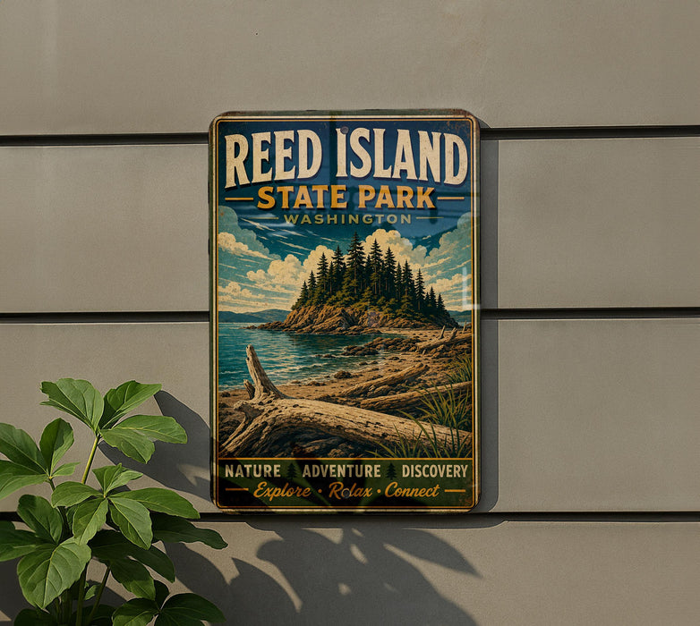 A vintage-style metal sign for Reed Island State Park in Washington, featuring a scenic landscape with a mountain, trees, and a body of water.