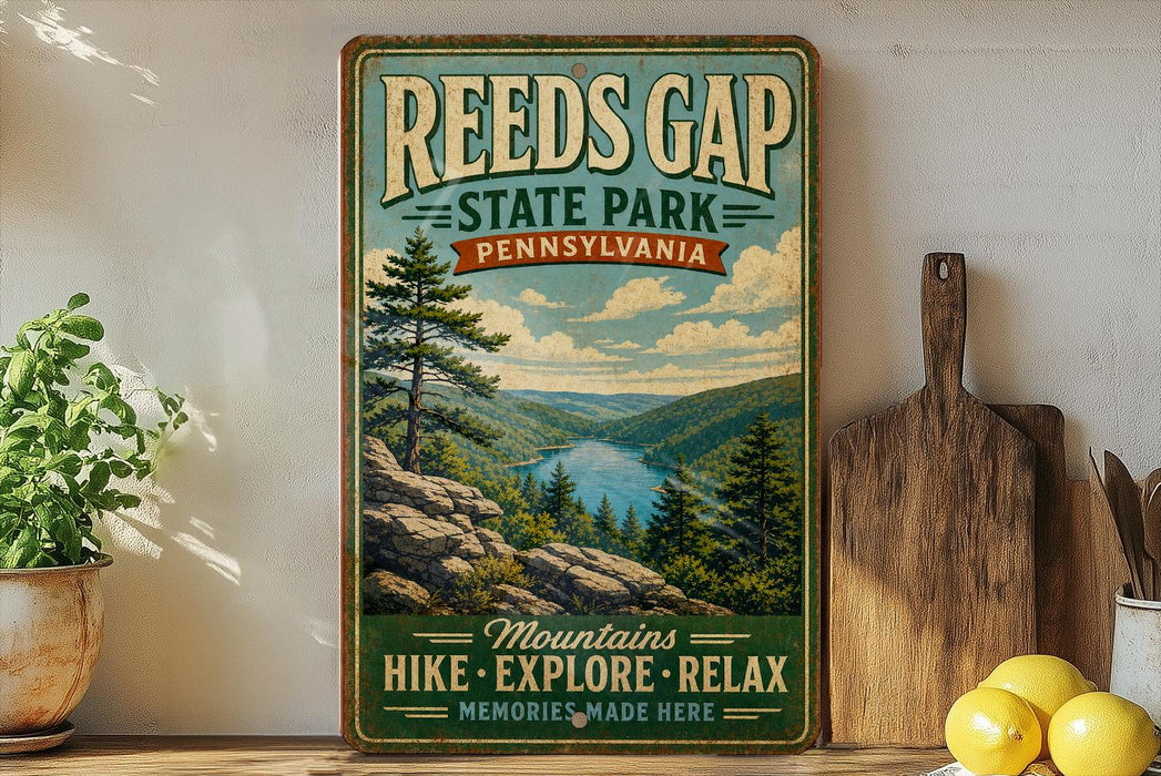 A vintage-style poster advertising Reeds Gap State Park in Pennsylvania, featuring a scenic mountain landscape with pine trees and a lake.