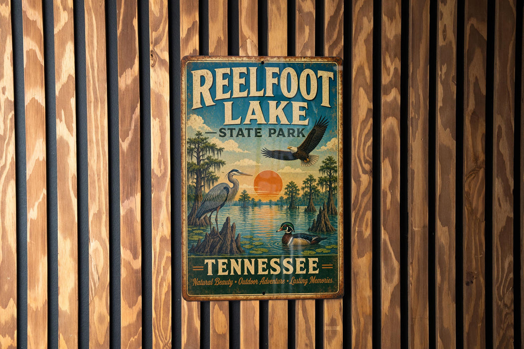 A vintage metal sign for Reelfoot Lake State Park in Tennessee, featuring an illustration of a bird, a duck, and a sunset over the lake.