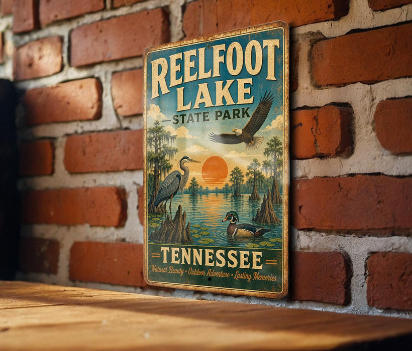 A vintage-style metal sign for Reelfoot Lake State Park in Tennessee, featuring illustrations of wildlife and a sunset over the lake.