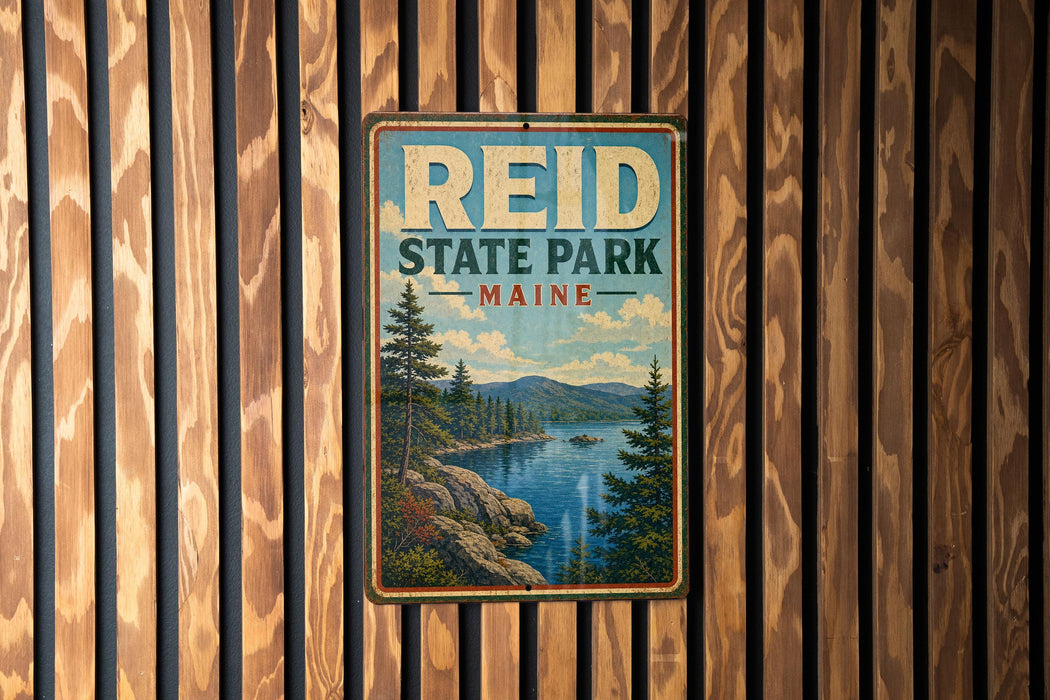A vintage metal sign for Reid State Park in Maine, featuring a scenic landscape with pine trees, a lake, and mountains.