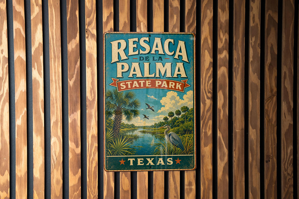 A vintage-style metal sign for Resaca del Palma State Park in Texas, featuring a palm tree and a bird, mounted on a wooden wall.