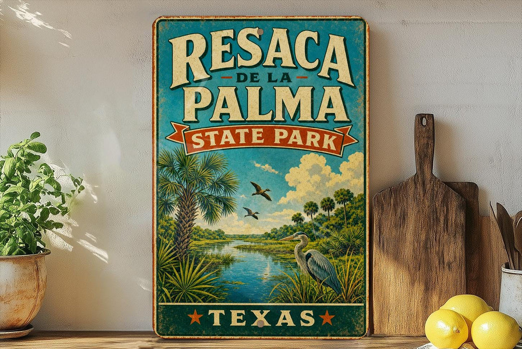 A vintage-style sign for Resaca de la Palma State Park in Texas, featuring a tropical landscape with palm trees, a river, and birds.