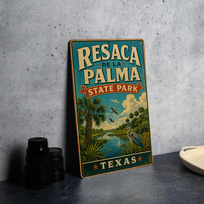 A vintage-style sign for Resaca de la Palma State Park in Texas, featuring a palm tree and a bird in flight, is displayed on a gray countertop next to some black camera lenses.