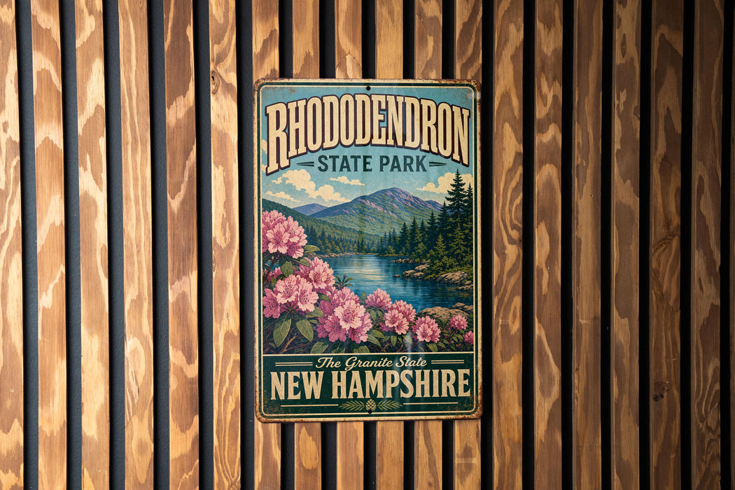 A vintage metal sign for Rhododendron State Park in New Hampshire, featuring a scenic landscape with mountains, a lake, and pink flowers.