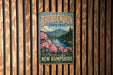 A vintage metal sign for Rhododendron State Park in New Hampshire, featuring a scenic landscape with mountains, a lake, and pink flowers.