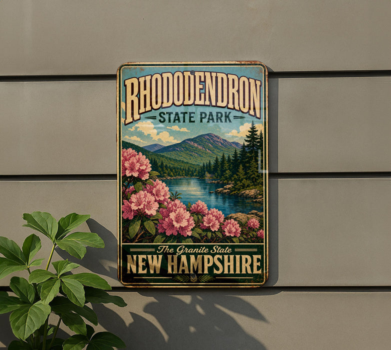 A vintage-style sign for Rhododendron State Park in New Hampshire, featuring a scenic landscape with mountains, trees, and pink flowers.