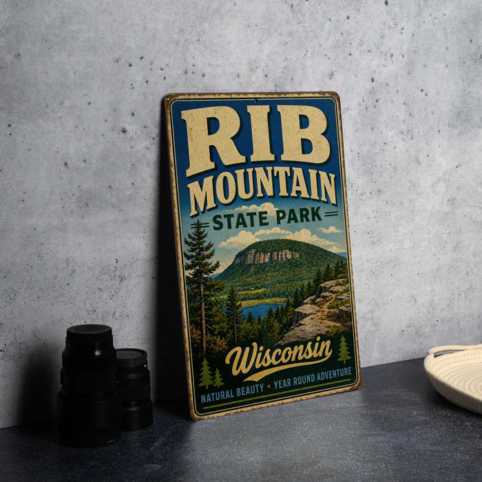 A vintage-style metal sign for Rib Mountain State Park in Wisconsin, featuring a scenic landscape with mountains, forests, and a lake.