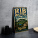 A vintage-style metal sign for Rib Mountain State Park in Wisconsin, featuring a scenic landscape with mountains, forests, and a lake.