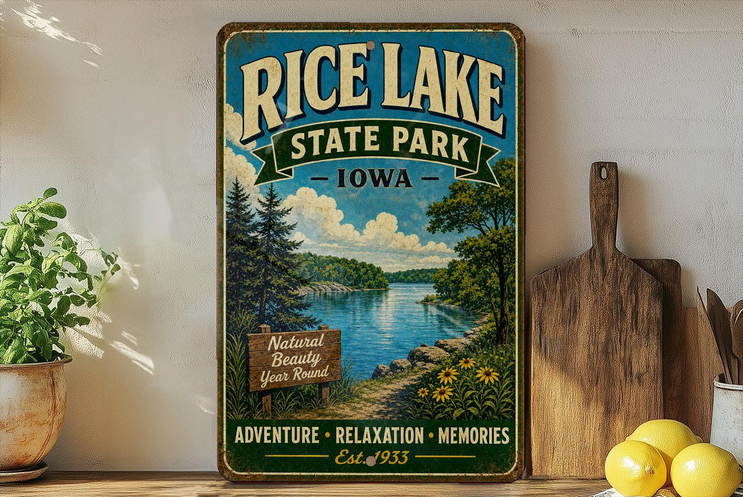A vintage-style sign for Rice Lake State Park in Iowa, featuring a scenic landscape with a lake, trees, and mountains.