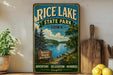A vintage-style sign for Rice Lake State Park in Iowa, featuring a scenic landscape with a lake, trees, and mountains.