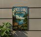 A vintage-style sign for Rice Lake State Park in Iowa, featuring a scenic landscape with a lake, trees, and a path leading to the park.