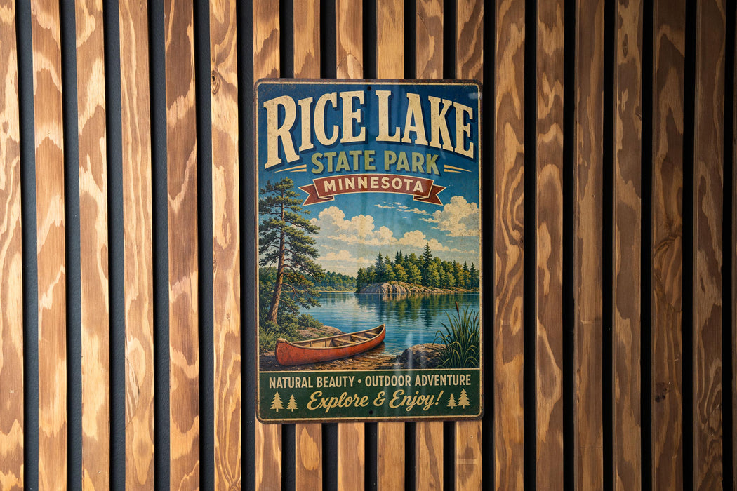 A vintage-style metal sign for Rice Lake State Park in Minnesota, featuring a scenic illustration of a lake, canoe, and forest.