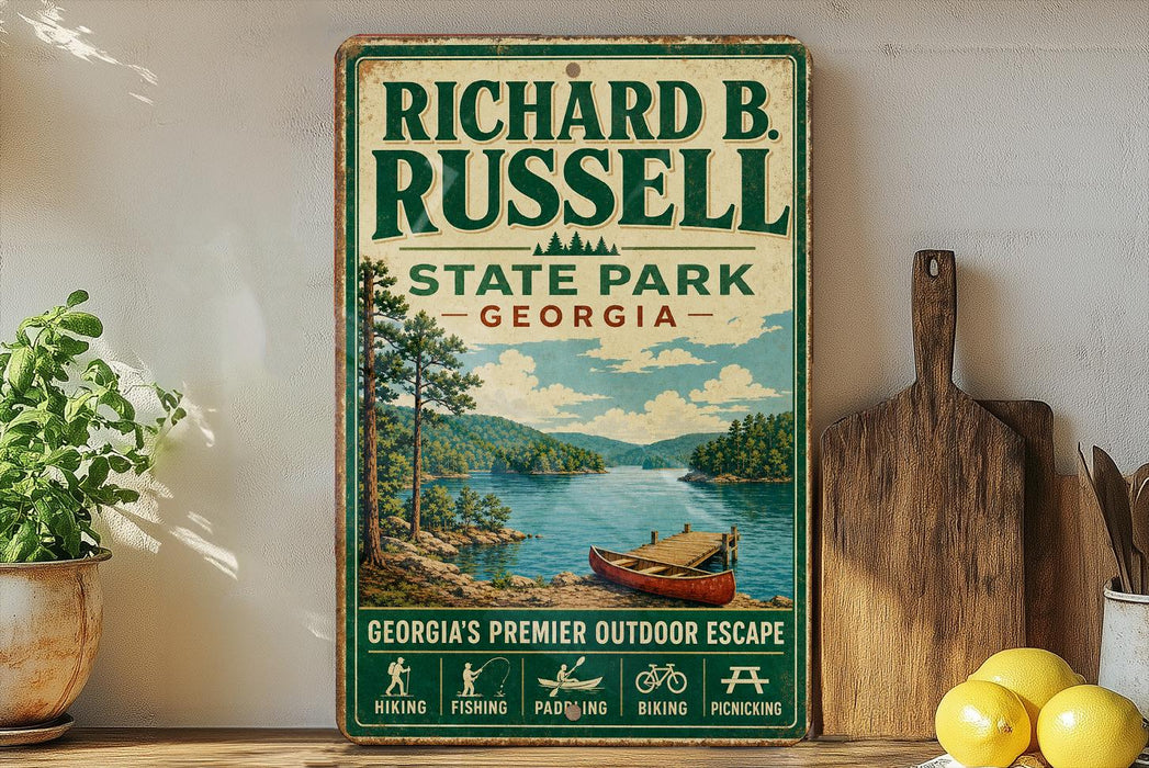 A vintage-style sign for Richard B. Russell State Park in Georgia, featuring a scenic illustration of a lake and mountains.
