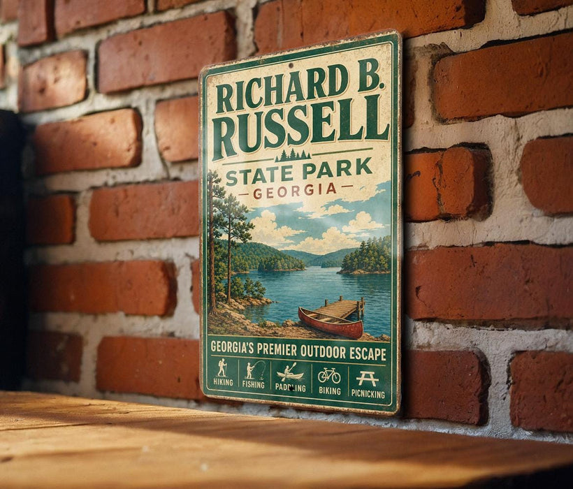 A vintage-style metal sign for Richard B. Russell State Park in Georgia, featuring a scenic illustration of a lake and mountains.